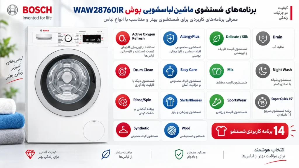 برنامه‌ های شستشوی متنوع ماشین لباسشویی بوش WAW28760IR